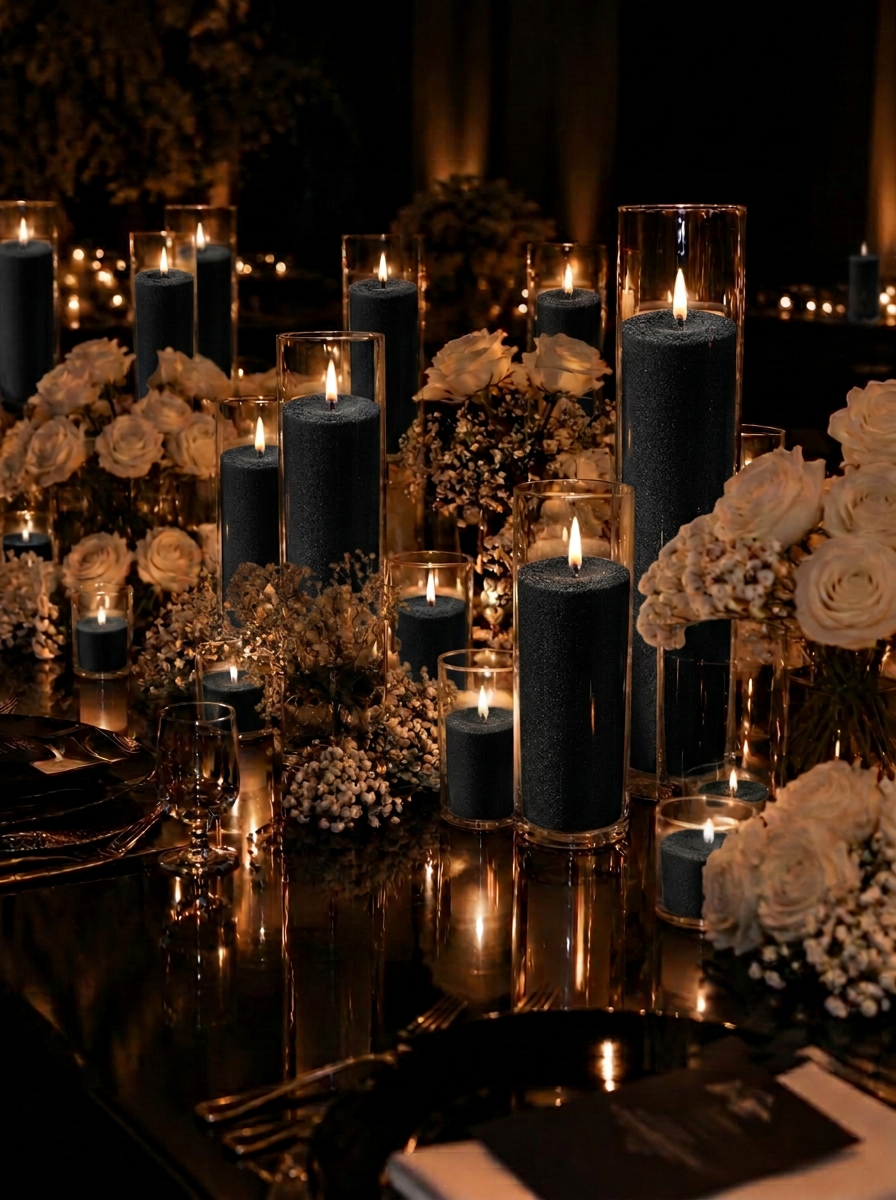 Tall black sand candles in clear glass vessels on a reception table