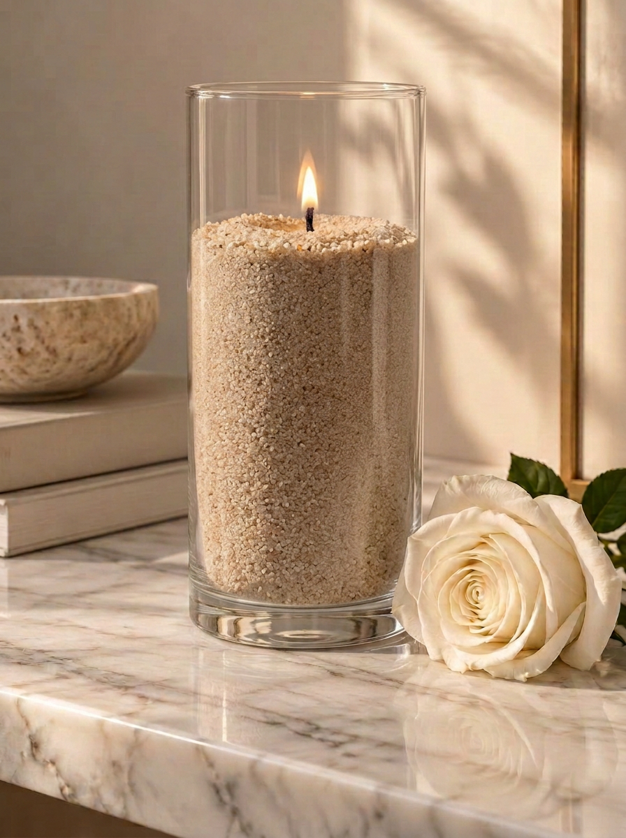 Tall nude sand candle in a clear glass cylinder