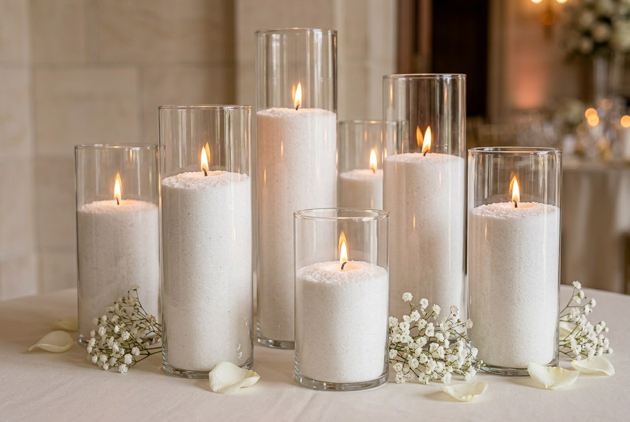 Tall white sand candles in clear glass vessels